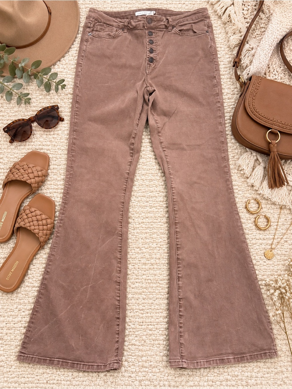 Altar’d State High Rise Flare Jeans Women’s Size 31 Brown Button Fly Stretch Den